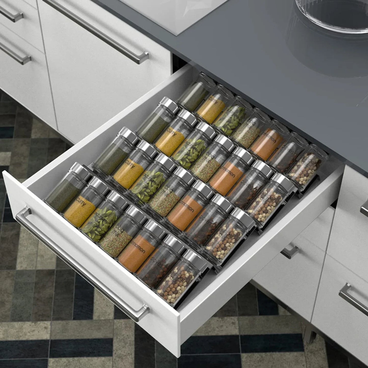 4-Tier Spice Drawer Organiser – Clear Acrylic Rack for Kitchen Storage & Bottle Display