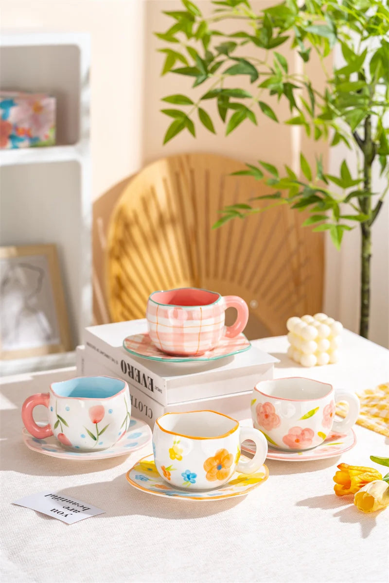300ml Cute Ceramic Mug – Hand-Pinched Heart & Flower Pattern Coffee & Tea Cup