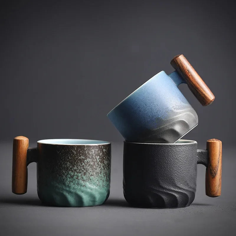 80ml Handmade Ceramic Coffee Cup – Retro Tea of Coffee Mug with Wooden Handle