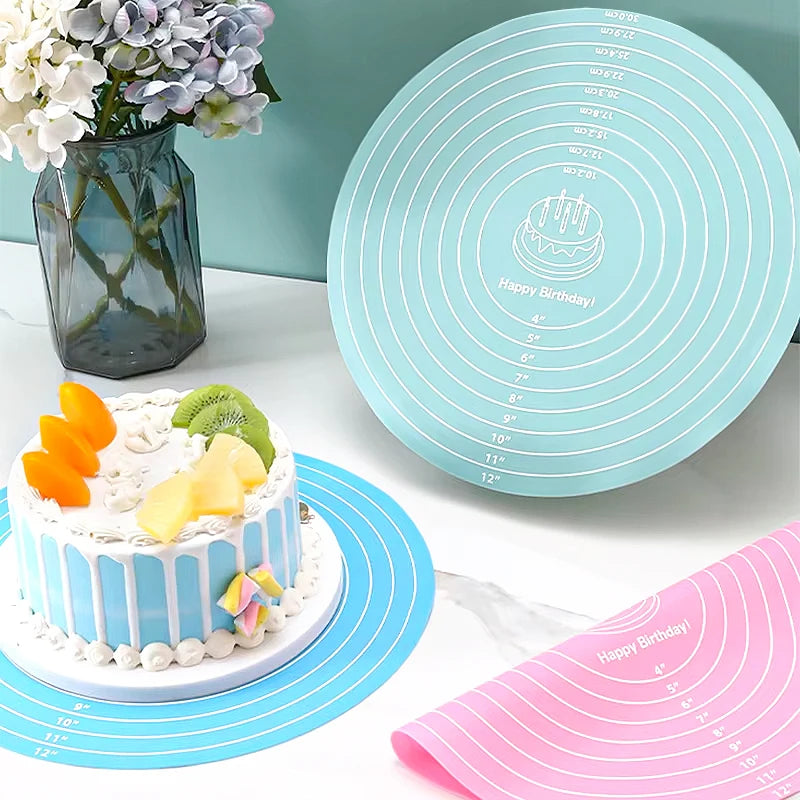 Silicone Cake Turntable Mat – Non-Stick Baking Mat with Size Guide, Heat Resistant Baking Tool