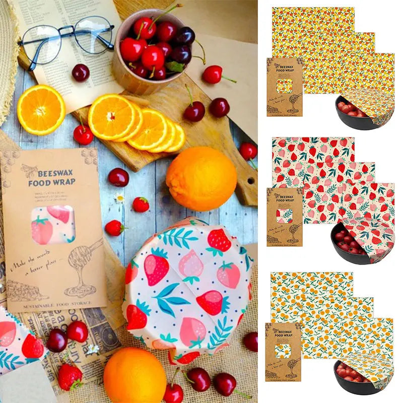 3pcs Reusable Beeswax Food Wraps – Natural Cotton Covers for Cheese, Fruit & Bread