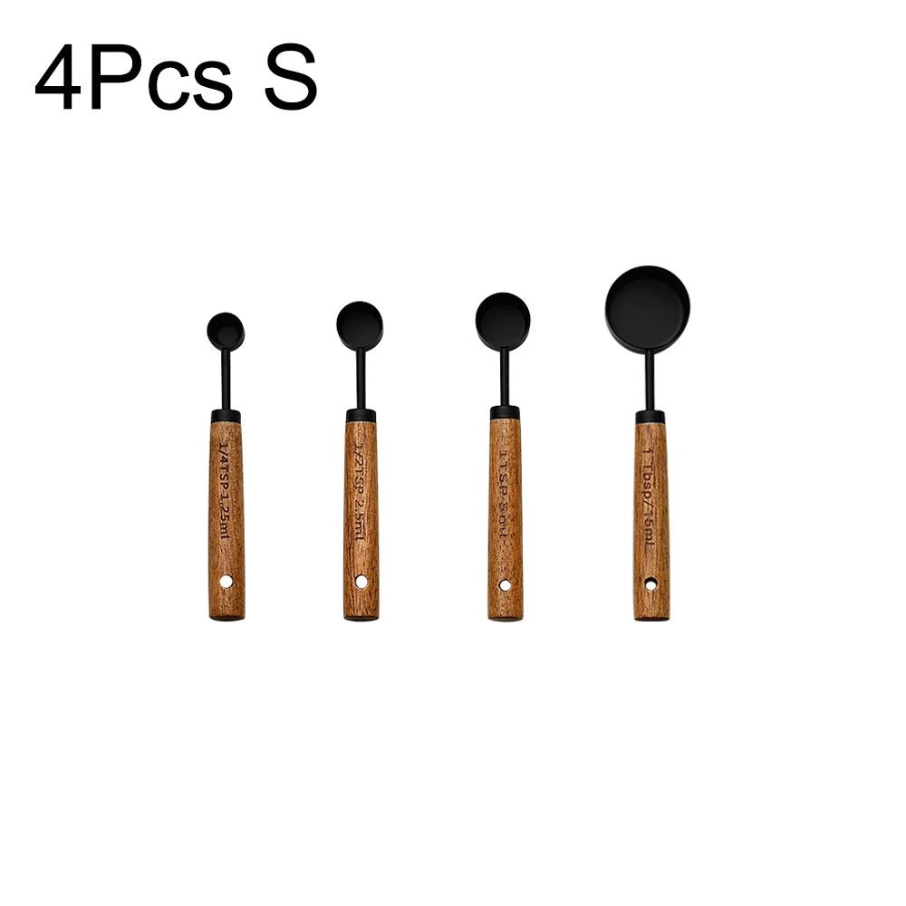 Gold Stainless Steel Measuring Cups and Spoons Set – Wooden Handle Baking and Coffee Tools
