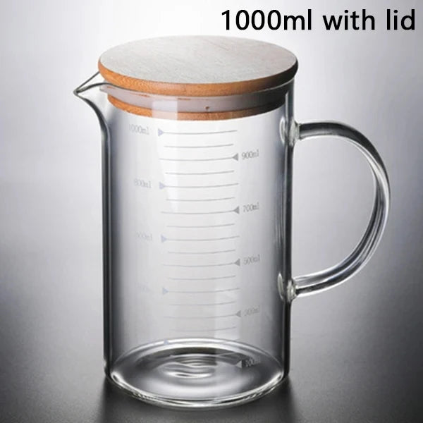 Glass Measuring Cup with Handle and Lid – 250ml to 1000ml Food Grade Measuring Jug