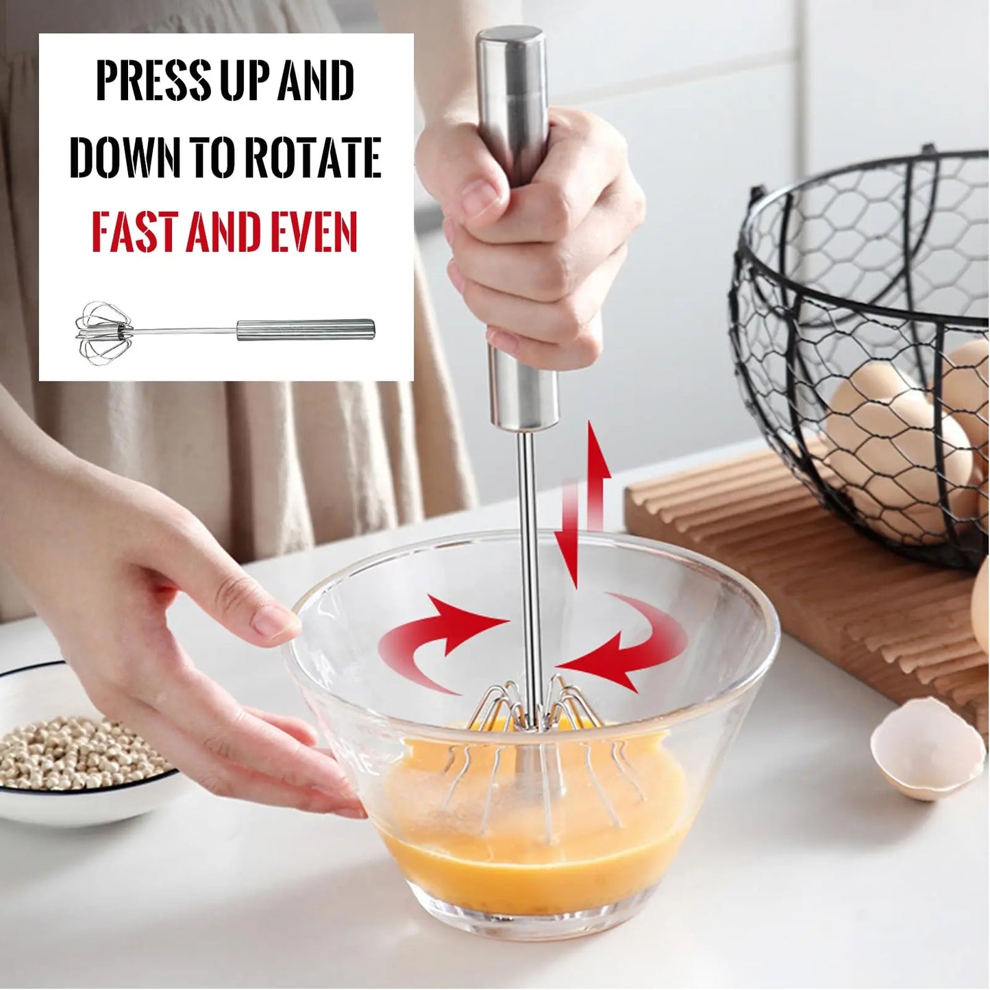 Semi-Automatic Stainless Steel Egg Beater – Self-Turning Hand Whisk Kitchen Tool