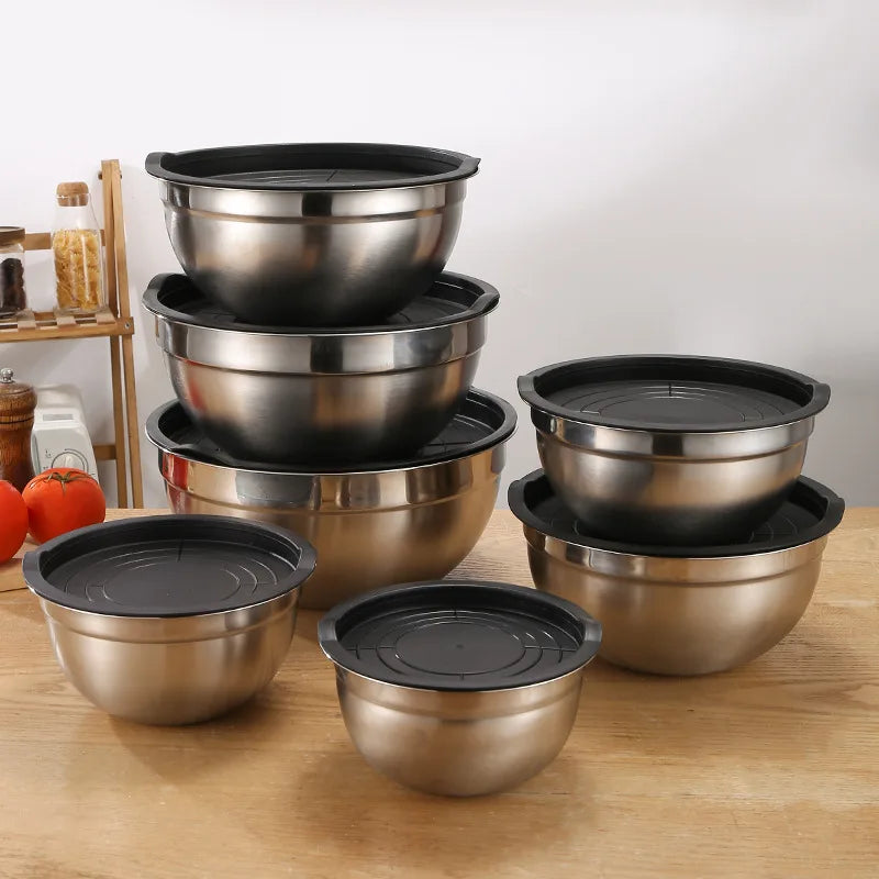 Stainless Steel Salad Mixing Bowl with Lid and Non-Slip Silicone Base – Various Sizes Available