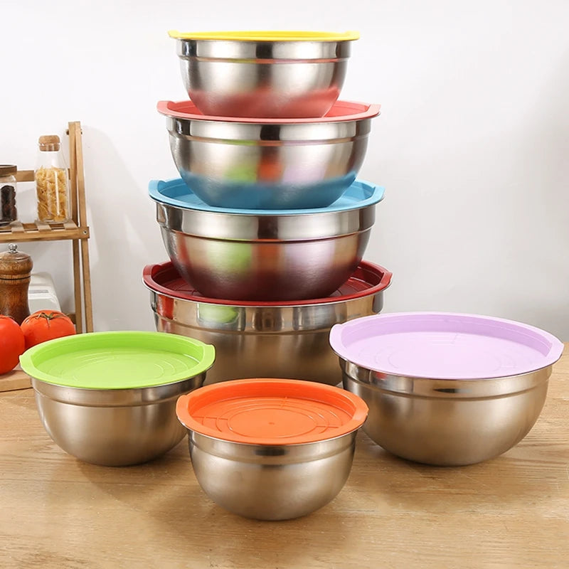 Stainless Steel Salad Mixing Bowl with Lid and Non-Slip Silicone Base – Various Sizes Available