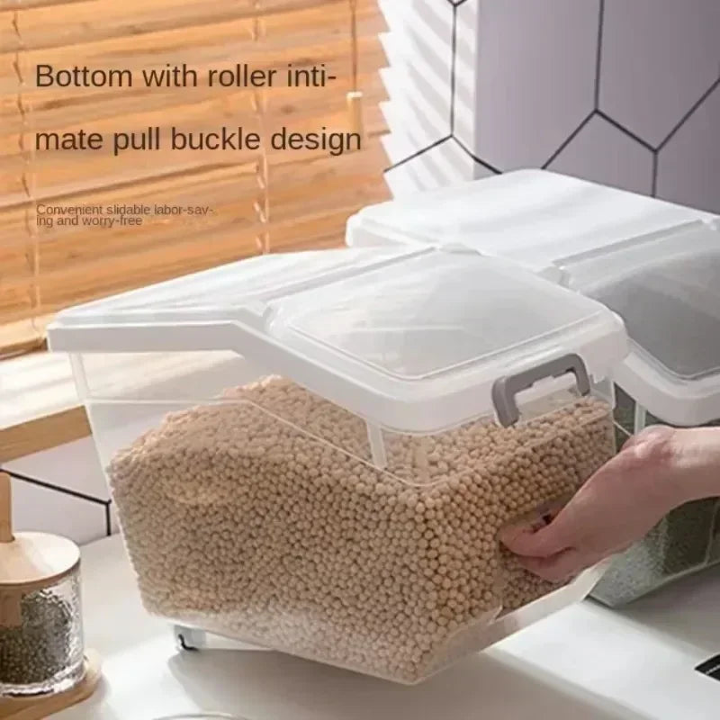Storage Container with Lid, Wheels & Scoop – Airtight Grain & Cereal Dispenser