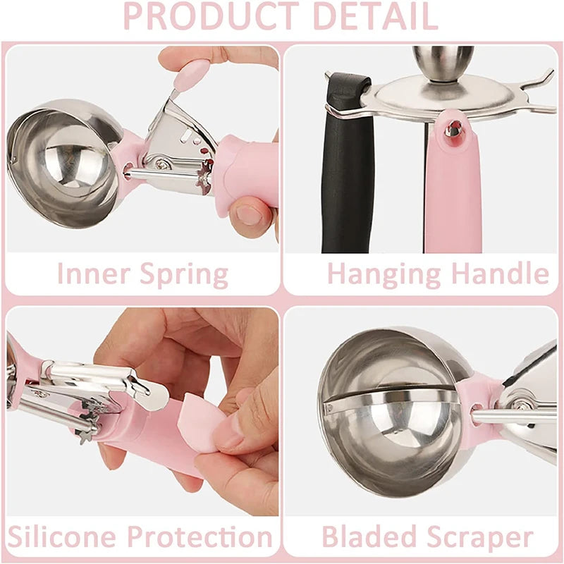 Stainless Steel Ice Cream Scooper – Pressable Fruit Spoon and Dual-Purpose Ball Scoop