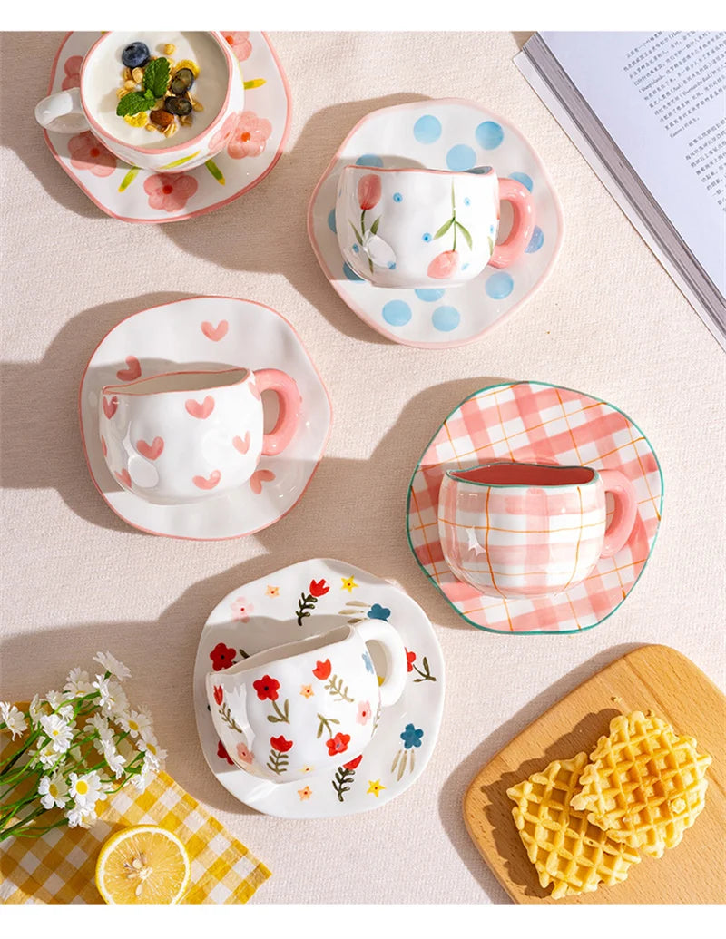 300ml Cute Ceramic Mug – Hand-Pinched Heart & Flower Pattern Coffee & Tea Cup