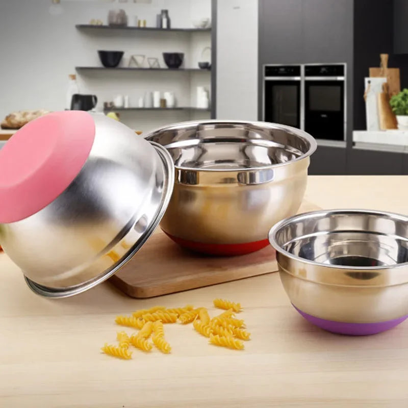 Stainless Steel Mixing Bowl with Lid and Non-Slip Silicone Base – Baking and Food Storage Bowl