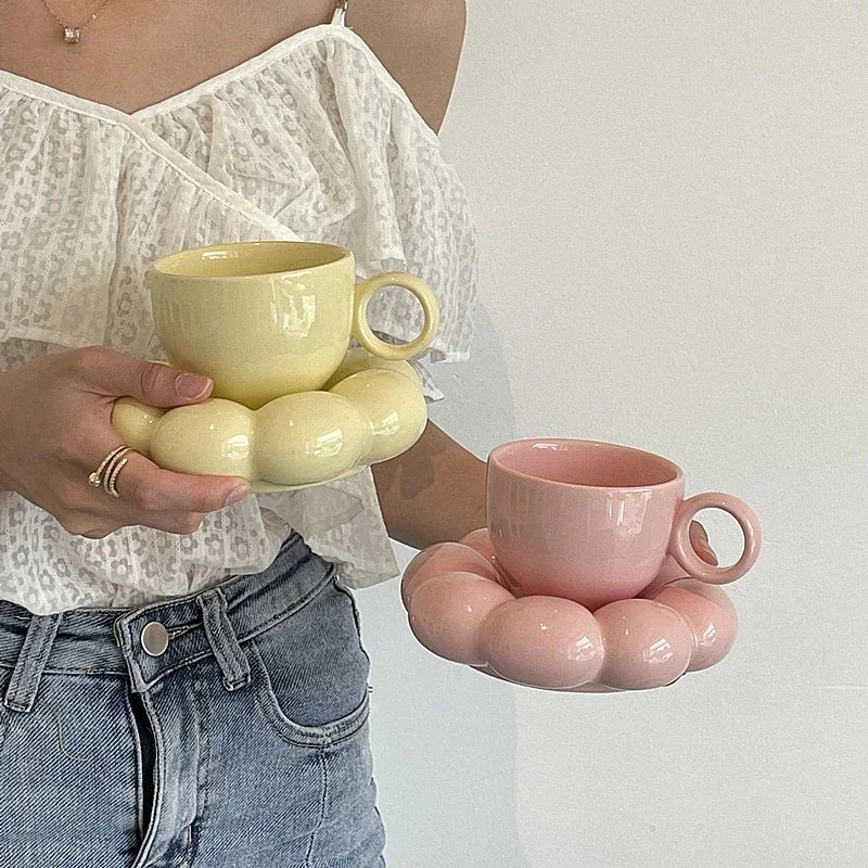 Aesthetic Sunflower Ceramic Coffee Mug with Saucer – Cute Cloud Cup for Tea & Office