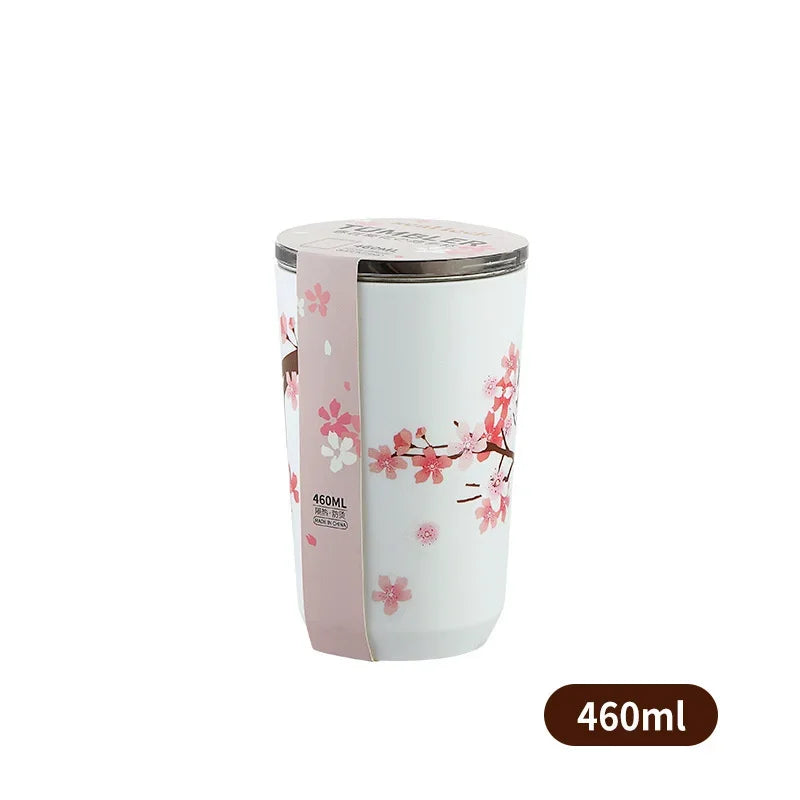 Cherry Blossom Stainless Steel Thermal Mug – Leak-Proof Travel Cup with Lid, 360–560ml