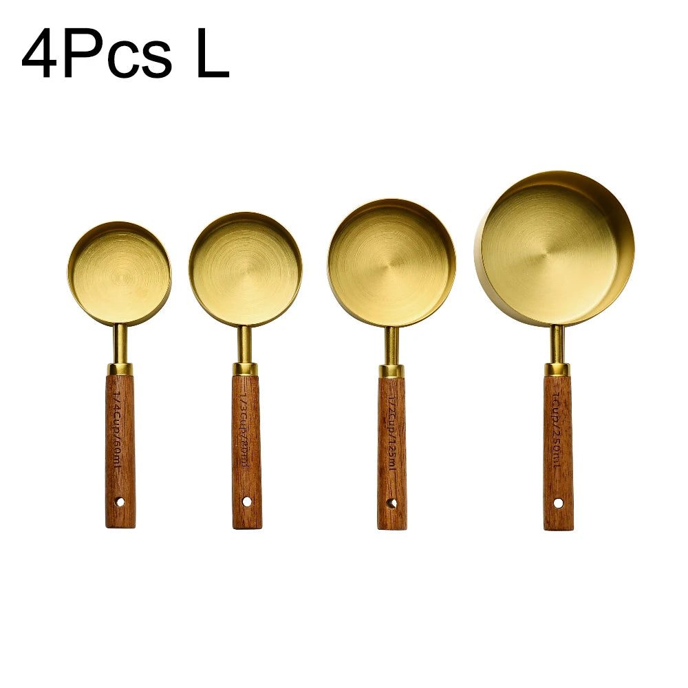 Gold Stainless Steel Measuring Cups and Spoons Set – Wooden Handle Baking and Coffee Tools