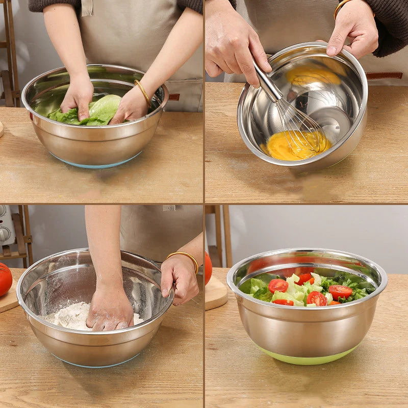 Stainless Steel Salad Mixing Bowl with Lid and Non-Slip Silicone Base – Various Sizes Available