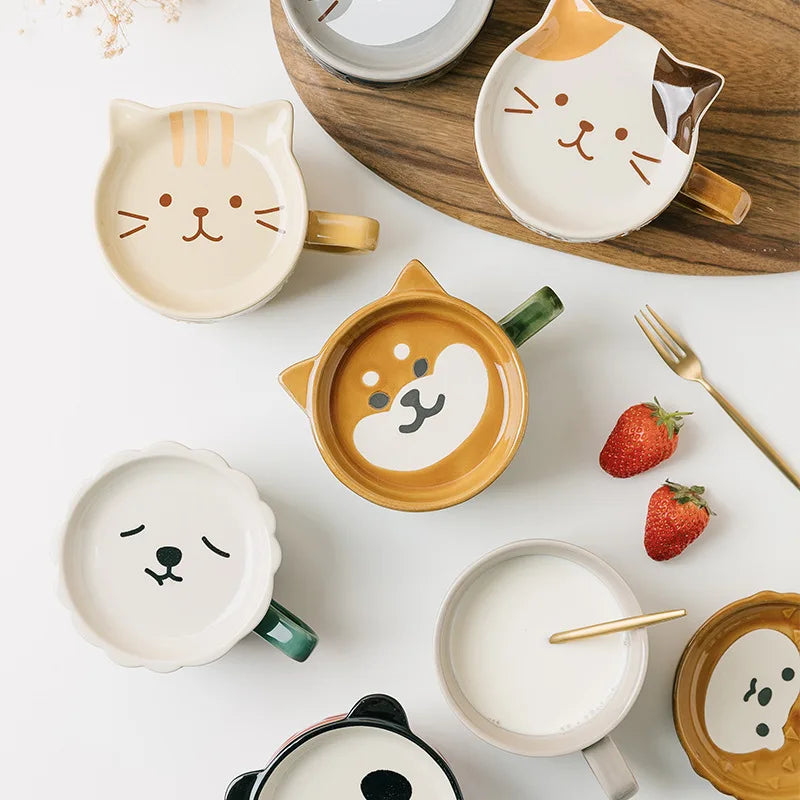 Ceramic Animal Face Coffee Mug – 300ml Cup with Lid & Dish for Breakfast, Tea or Gifting