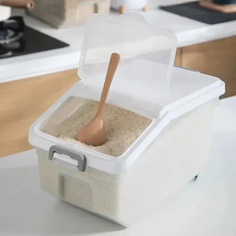 Storage Container with Lid, Wheels & Scoop – Airtight Grain & Cereal Dispenser