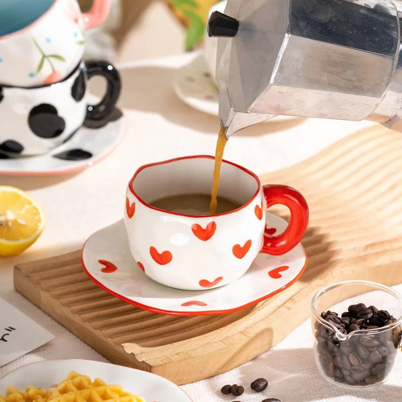 300ml Cute Ceramic Mug – Hand-Pinched Heart & Flower Pattern Coffee & Tea Cup