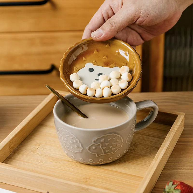 Ceramic Animal Face Coffee Mug – 300ml Cup with Lid & Dish for Breakfast, Tea or Gifting