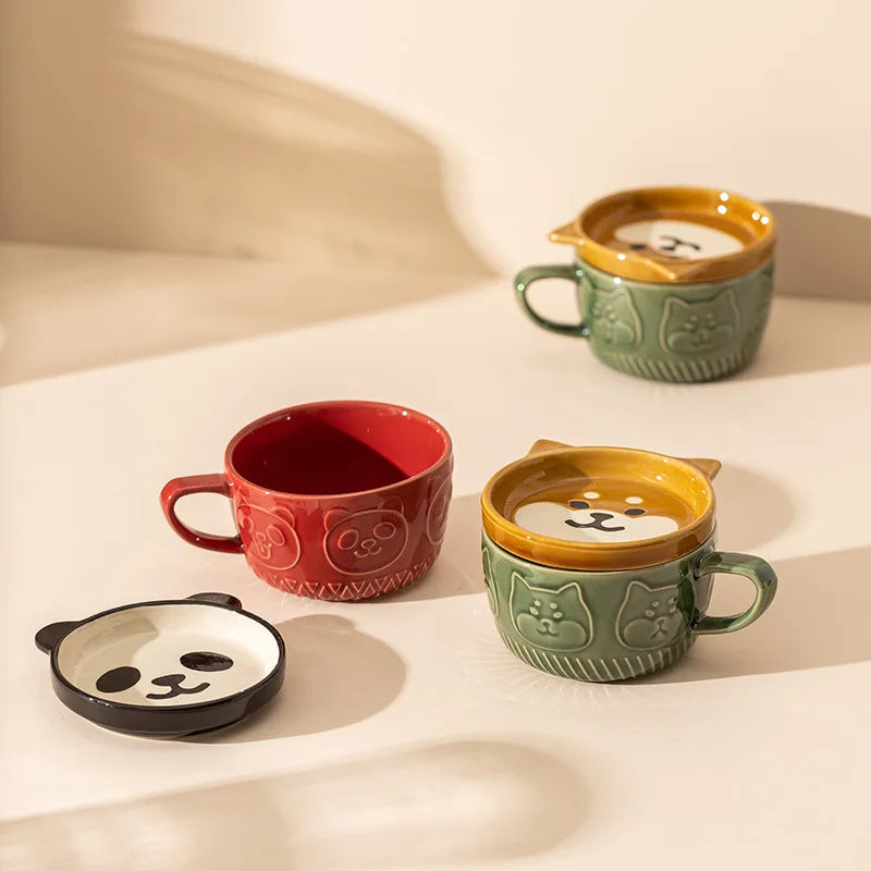 Ceramic Animal Face Coffee Mug – 300ml Cup with Lid & Dish for Breakfast, Tea or Gifting