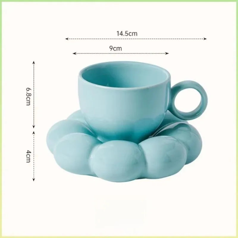 Aesthetic Sunflower Ceramic Coffee Mug with Saucer – Cute Cloud Cup for Tea & Office