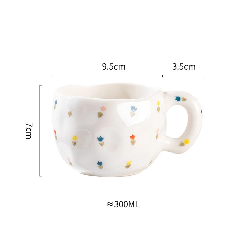 300ml Cute Ceramic Mug – Hand-Pinched Heart & Flower Pattern Coffee & Tea Cup