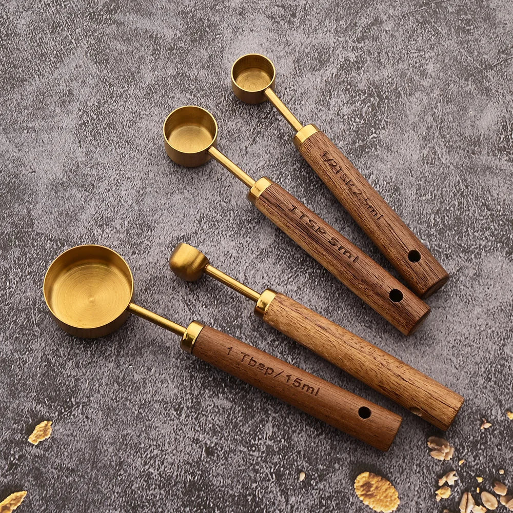 Gold Stainless Steel Measuring Cups and Spoons Set – Wooden Handle Baking and Coffee Tools