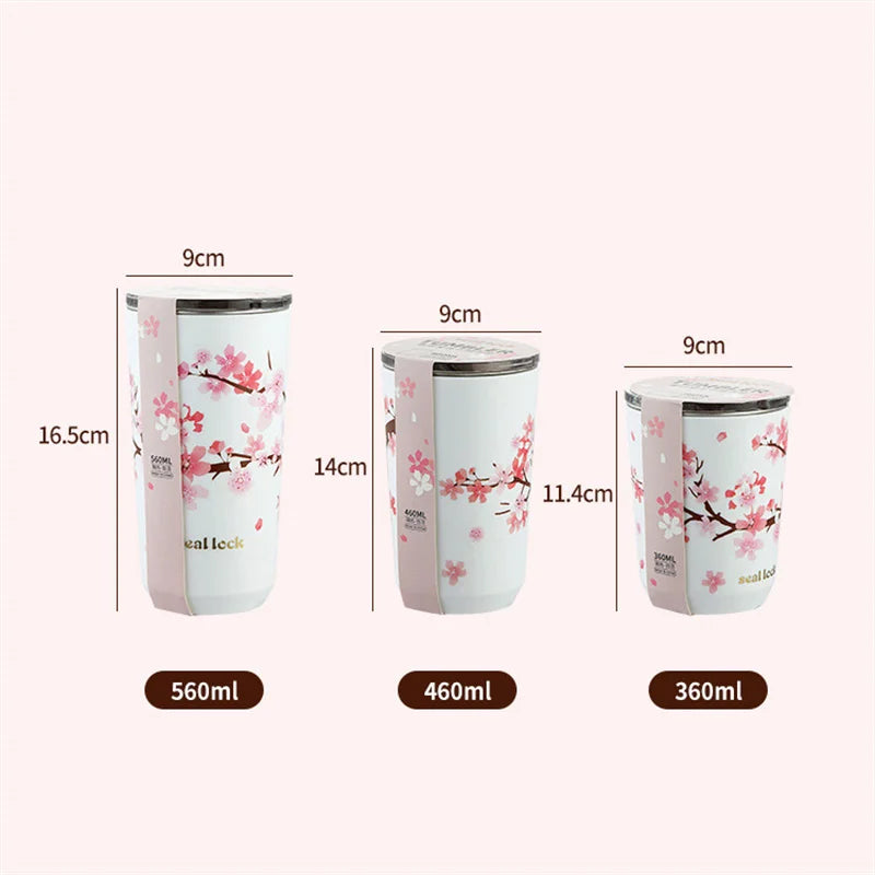 Cherry Blossom Stainless Steel Thermal Mug – Leak-Proof Travel Cup with Lid, 360–560ml