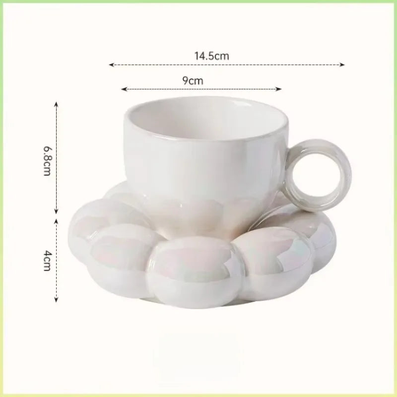 Aesthetic Sunflower Ceramic Coffee Mug with Saucer – Cute Cloud Cup for Tea & Office