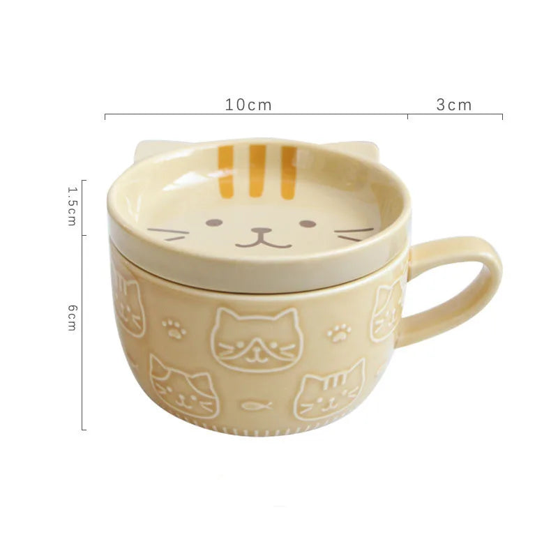 Ceramic Animal Face Coffee Mug – 300ml Cup with Lid & Dish for Breakfast, Tea or Gifting