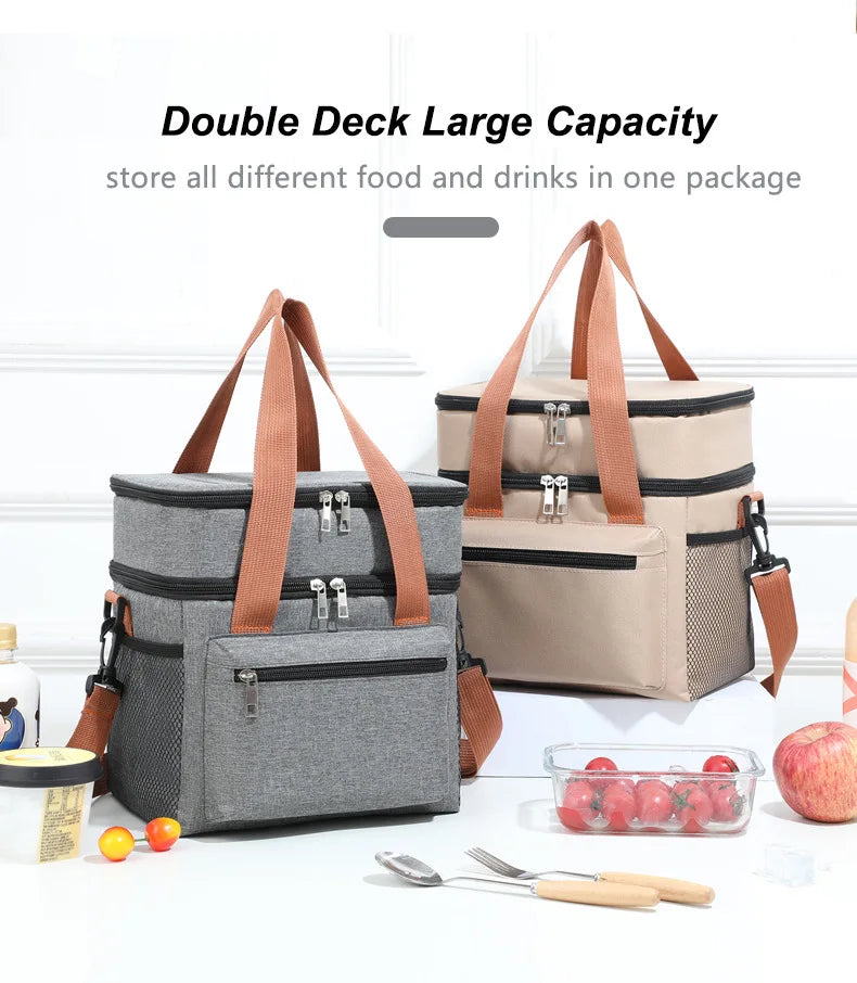 Large Double-Layer Insulated Cooler Lunch Bag – Waterproof Picnic Tote with Shoulder Strap