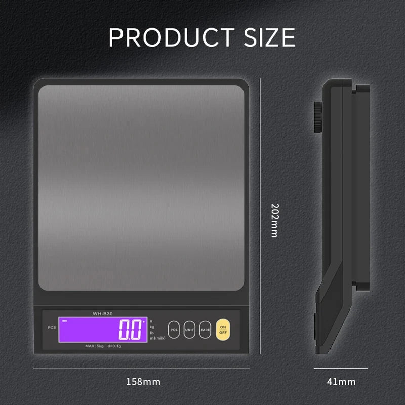 Waterproof Digital Kitchen Scale – Stainless Steel with LCD Display, 5kg/0.1g Accuracy