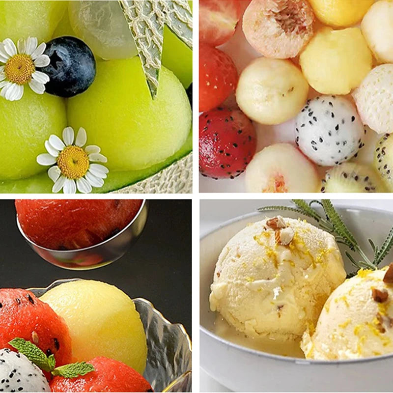 Stainless Steel Ice Cream Scooper – Pressable Fruit Spoon and Dual-Purpose Ball Scoop