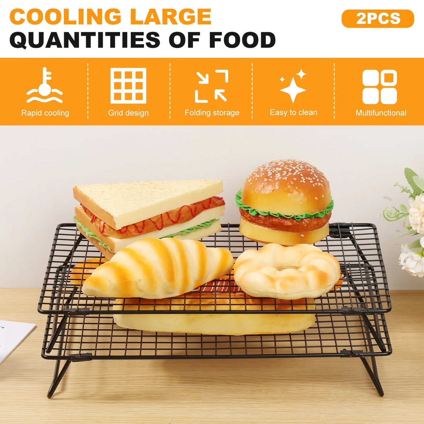 2pc Stackable Cooling Racks – Non-stick Carbon Steel with Foldable Legs for Baking & Cookies
