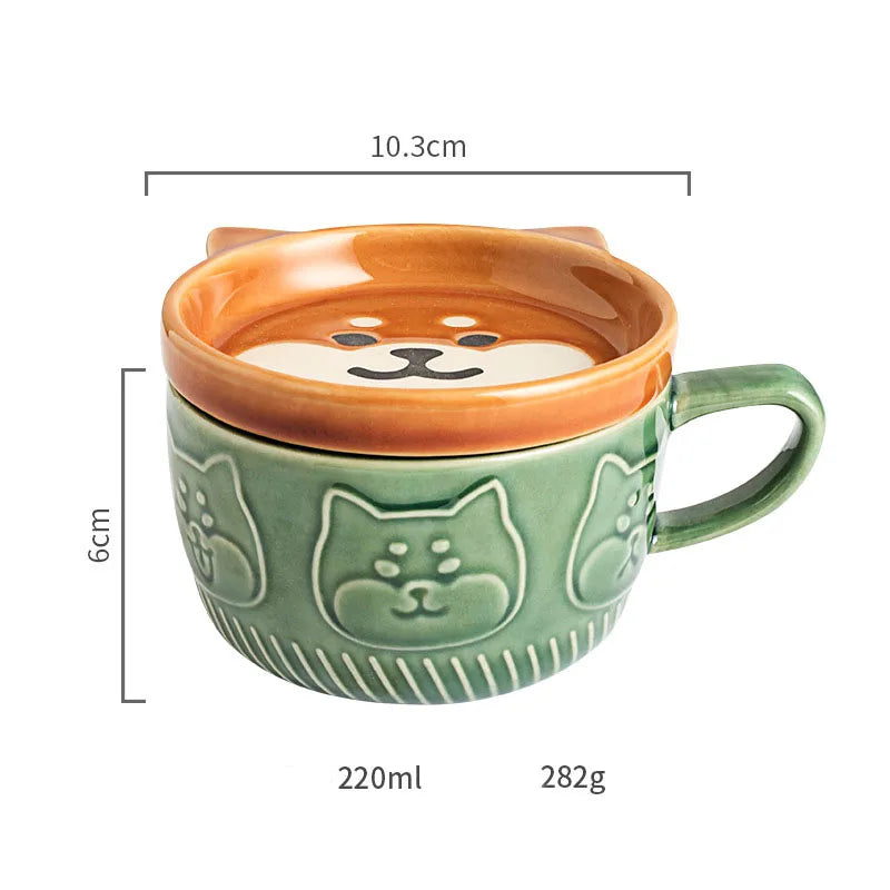 Ceramic Animal Face Coffee Mug – 300ml Cup with Lid & Dish for Breakfast, Tea or Gifting