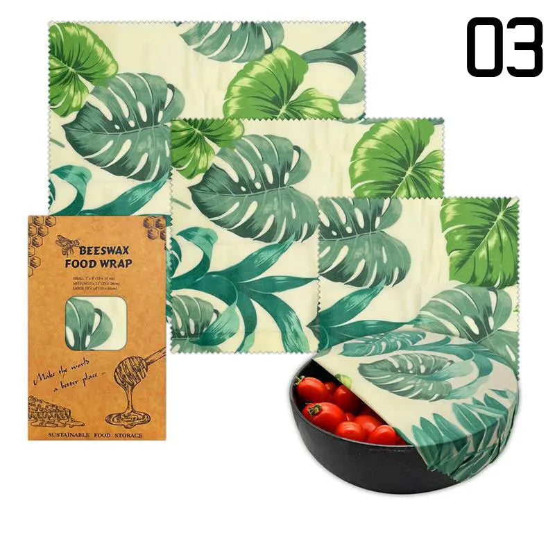 3pcs Reusable Beeswax Food Wraps – Natural Cotton Covers for Cheese, Fruit & Bread