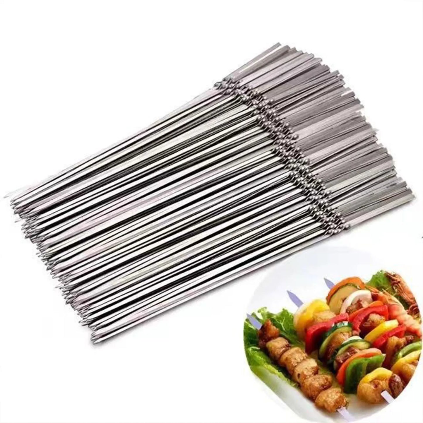 20pcs Stainless Steel BBQ Skewers – Reusable Flat Rotating Sticks for Grill & Garden BBQ