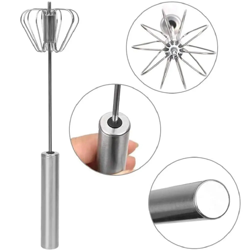 Semi-Automatic Stainless Steel Egg Beater – Self-Turning Hand Whisk Kitchen Tool
