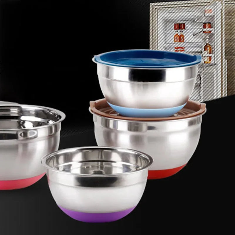 Stainless Steel Mixing Bowl with Lid and Non-Slip Silicone Base – Baking and Food Storage Bowl