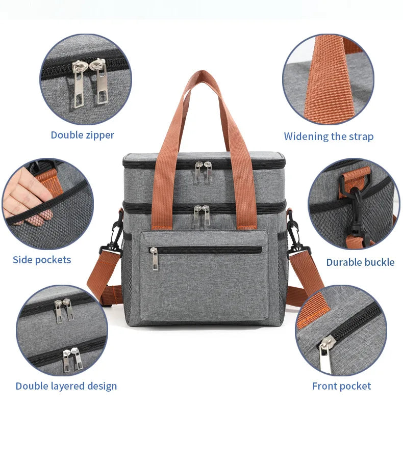 Large Double-Layer Insulated Cooler Lunch Bag – Waterproof Picnic Tote with Shoulder Strap