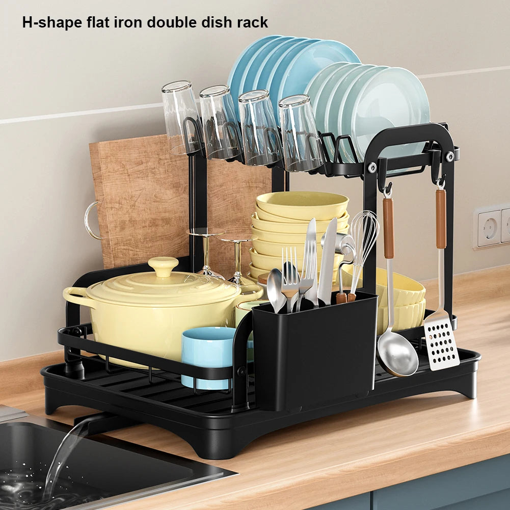 2 Tier Dish Drying Rack with Drainboard – Countertop Dinnerware & Bowl Organiser