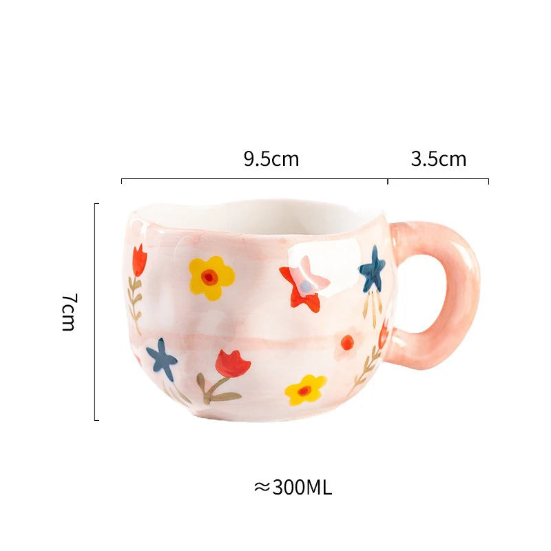 300ml Cute Ceramic Mug – Hand-Pinched Heart & Flower Pattern Coffee & Tea Cup