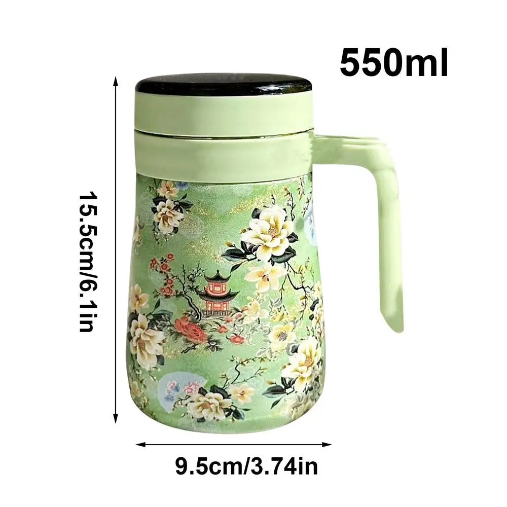 550ml Stainless Steel Insulated Teapot – Floral Thermos with Infuser for Home & Office