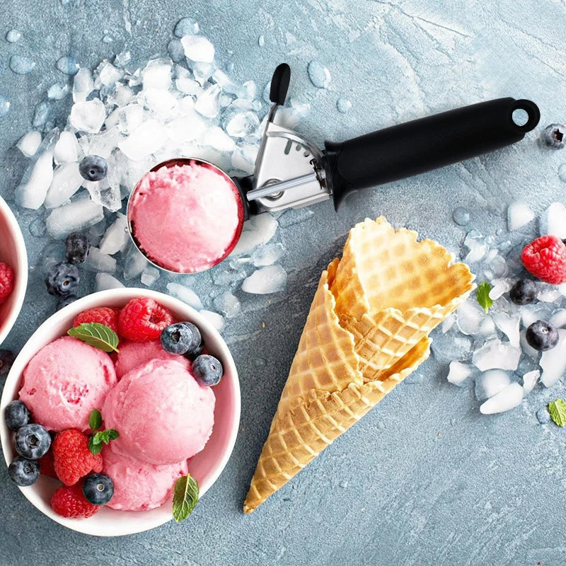 Stainless Steel Ice Cream Scooper – Pressable Fruit Spoon and Dual-Purpose Ball Scoop