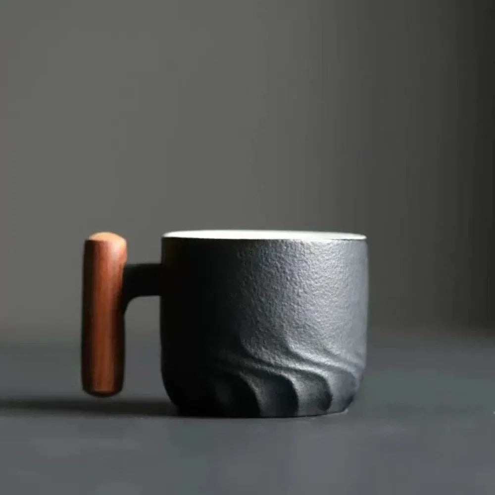 80ml Handmade Ceramic Coffee Cup – Retro Tea of Coffee Mug with Wooden Handle