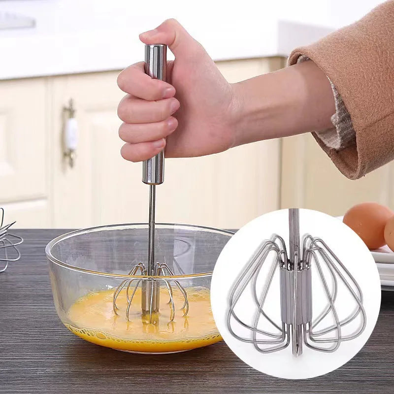 Semi-Automatic Stainless Steel Egg Beater – Self-Turning Hand Whisk Kitchen Tool