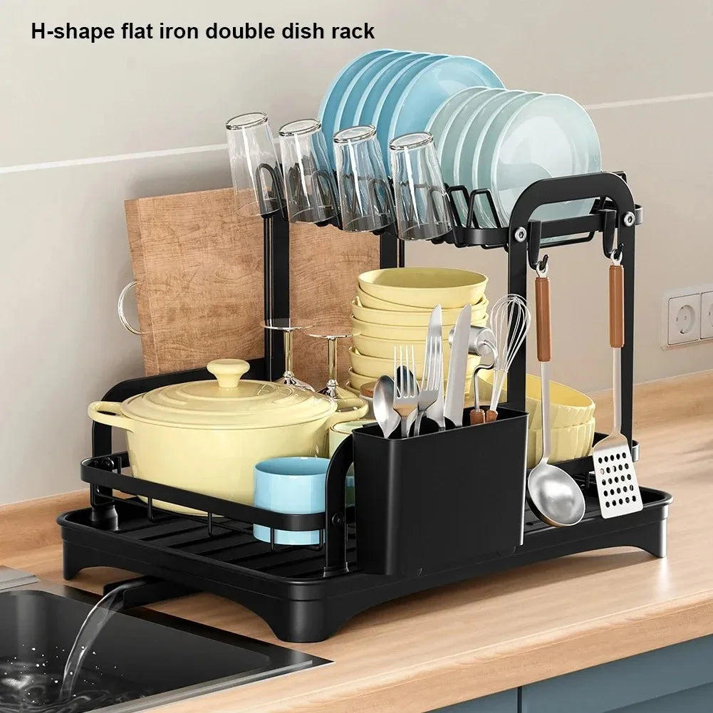 2 Tier Dish Drying Rack with Drainboard – Countertop Dinnerware & Bowl Organiser