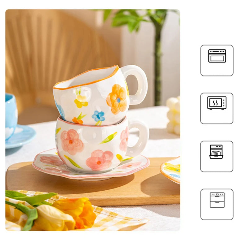 300ml Cute Ceramic Mug – Hand-Pinched Heart & Flower Pattern Coffee & Tea Cup