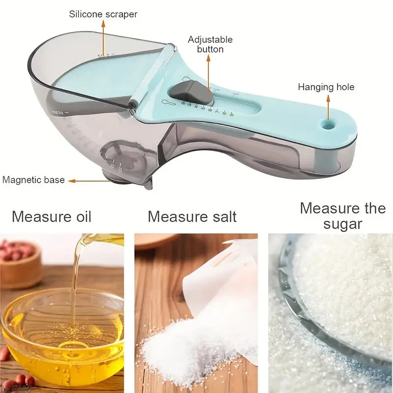 Adjustable Plastic Measuring Cup and Spoon with Handle for Dry and Liquid Kitchen Use