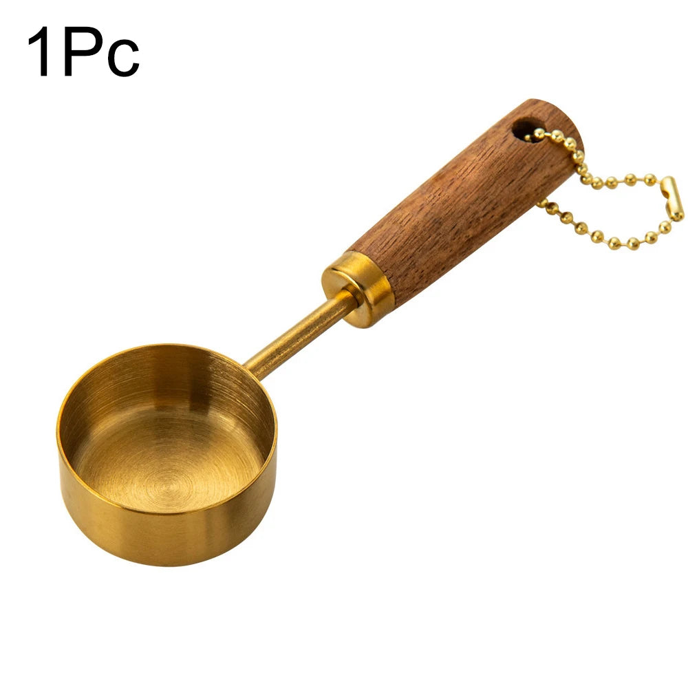 Gold Stainless Steel Measuring Cups and Spoons Set – Wooden Handle Baking and Coffee Tools