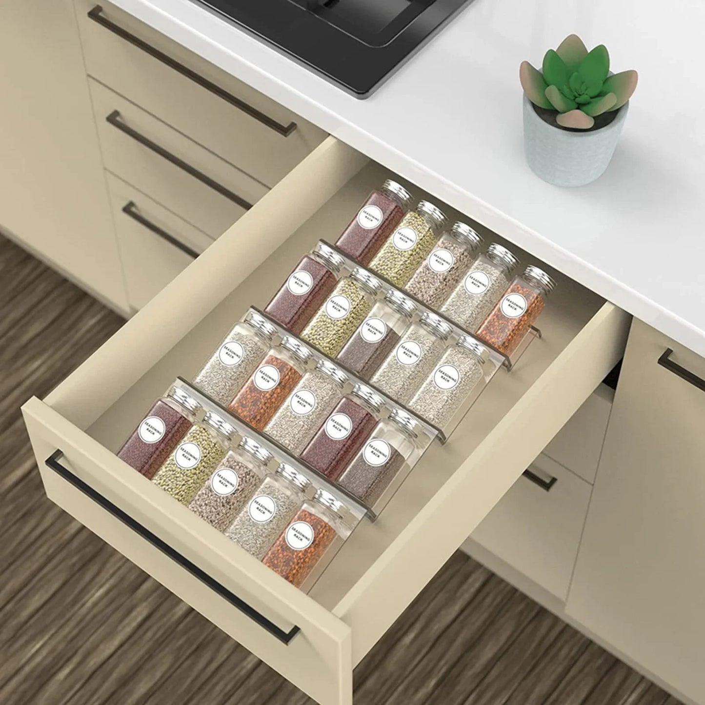 4-Tier Spice Drawer Organiser – Clear Acrylic Rack for Kitchen Storage & Bottle Display